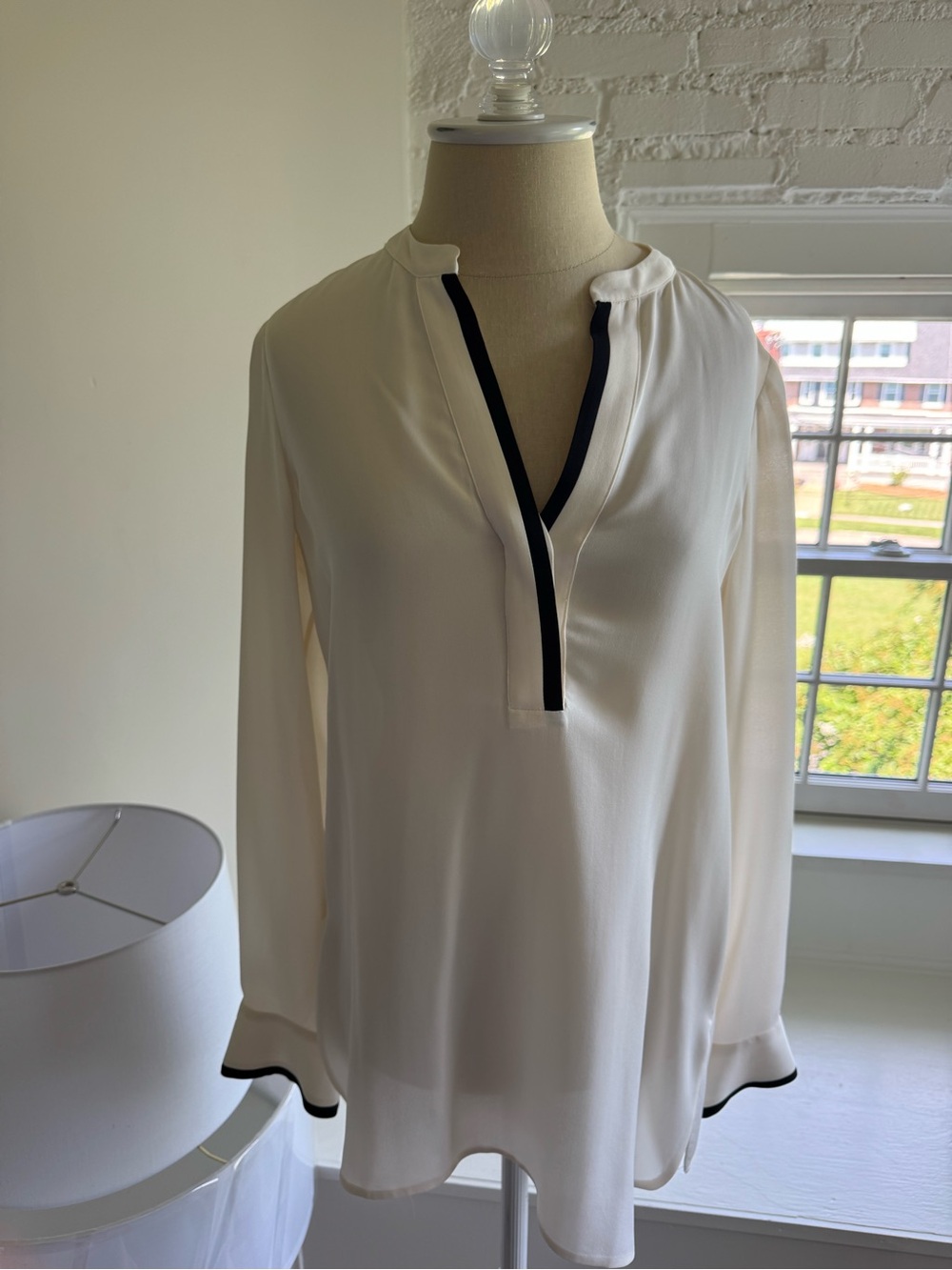 Vince Cream Blouse with Black Contrast Trim